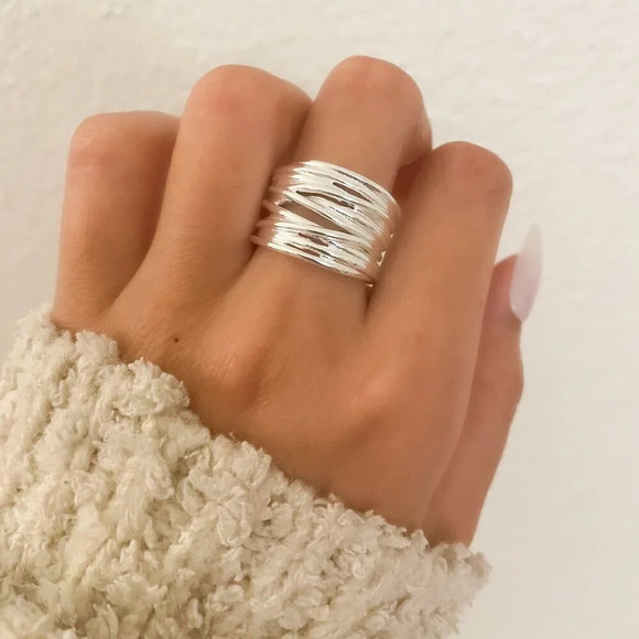 925 Sterling Silver Chunky Ring Thick Wide Ring Band Multi Layer Bold Ring - Picture 3 of 10